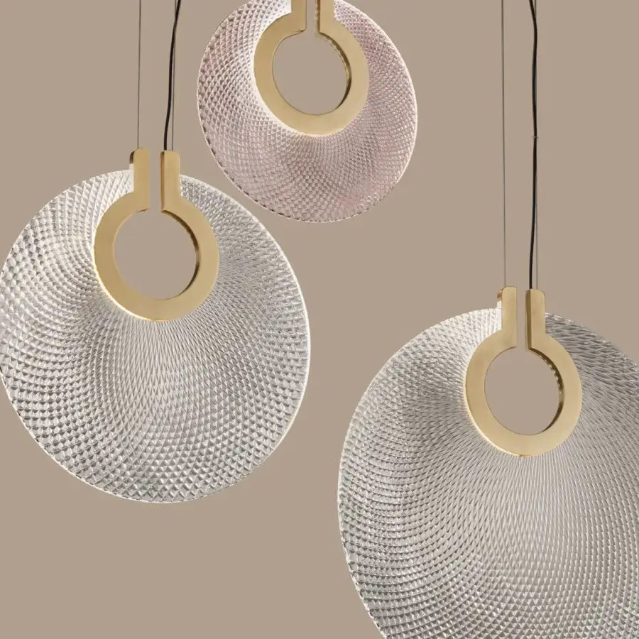 Elegant Euroluce Corallo suspension lamp crafted in silvery-grey glass with warm golden accents and satin metal rings