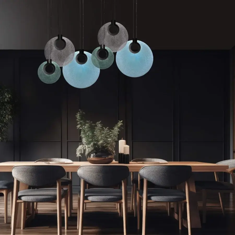 Distinguished Euroluce Corallo suspension lamp with balanced spherical form in dark metal and translucent blue turquoise gradients