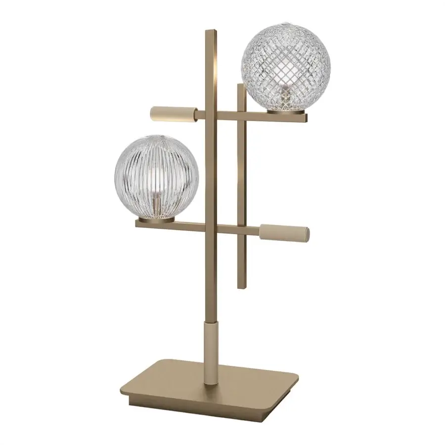 Superior Sicis Tris Murano table lamp with a champagne metal structure and exquisite Murano glass spheres crafted with decorative leather cylinders
