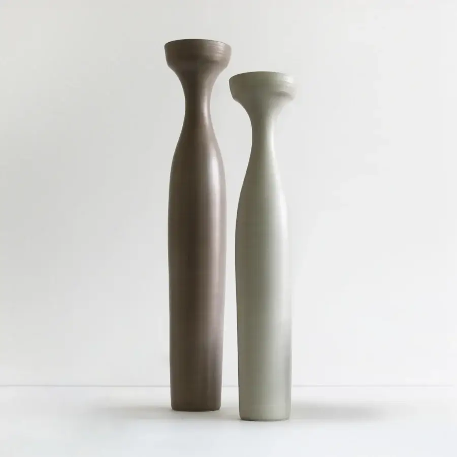 Exceptional Rina Menardi Angeli vase crafted from baked clay with gentle curving lines in medium-brown and greyish-beige coloration and satin sheen