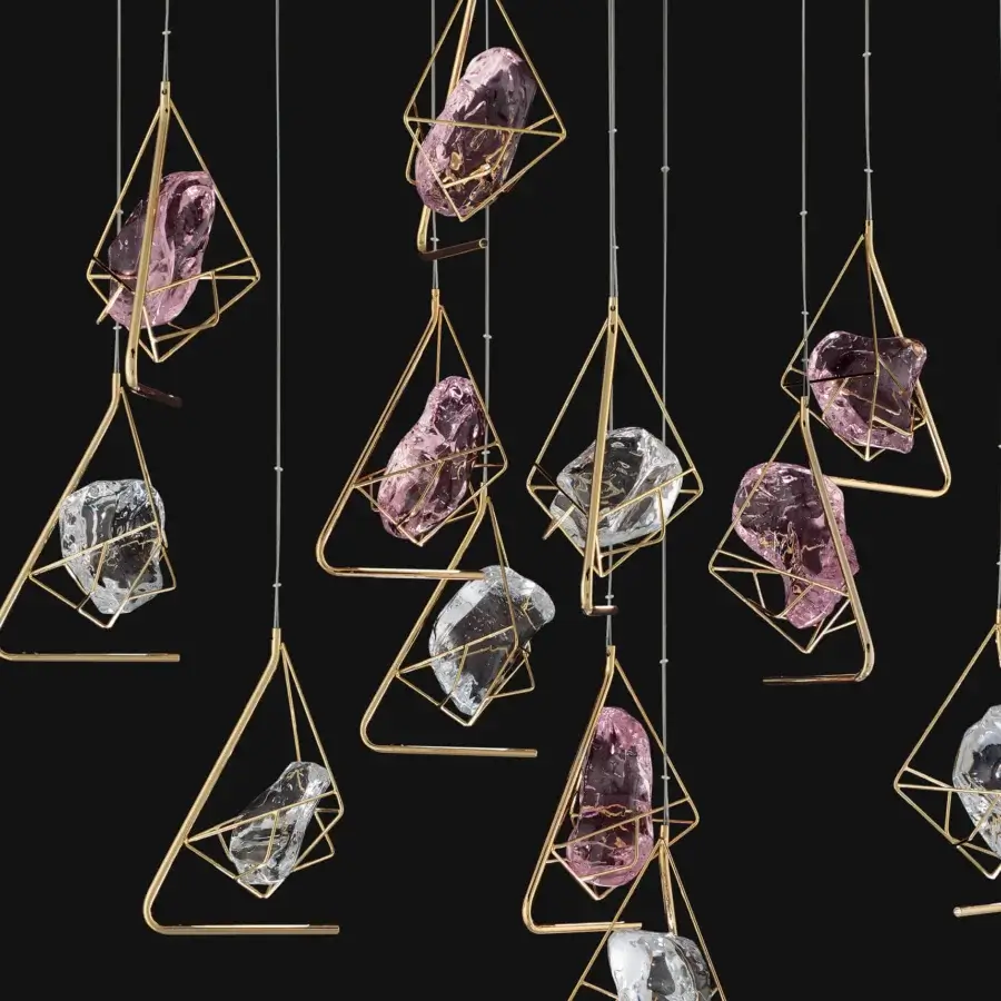Distinguished Euroluce Cryrock suspension lamp with Tuscan crystal rock and golden-toned metal in a satin finish
