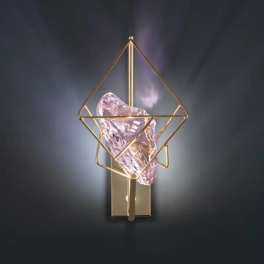 Distinguished Euroluce Cryrock wall lamp crafted in pale lavender crystal rock with a gold-toned metal framework and satin finish