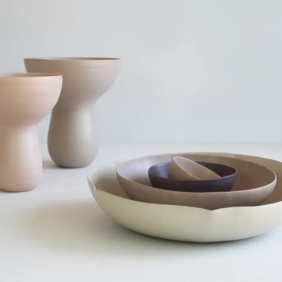 Superior Rina Menardi Bouquet vessel sculpted from baked clay with matte finish in earthy beige and reddish-brown tones