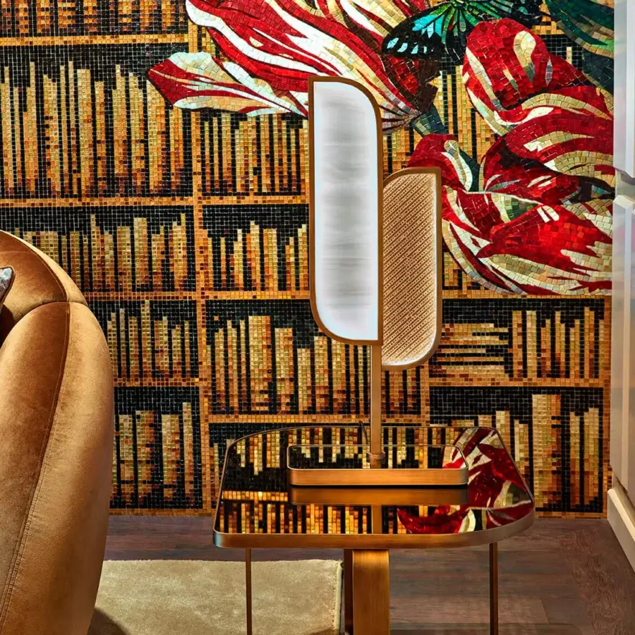 Elegant Sicis Visconti table lamp with brass frame, artistic mosaic detailing and antique bronze finish