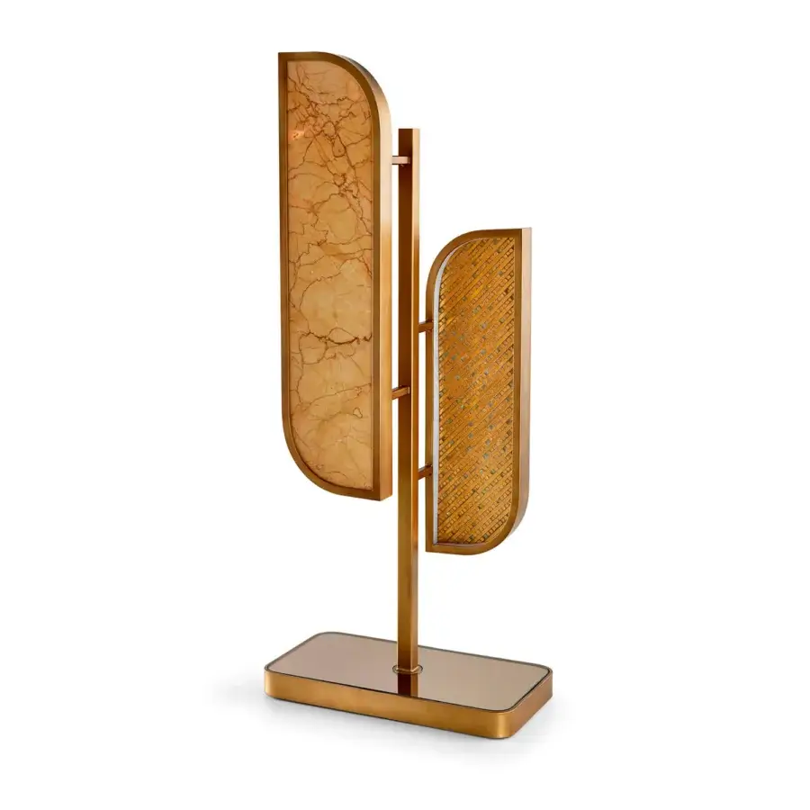 Superior Sicis Visconti table lamp with brass frame, golden mosaic and backlit Alicrite insert in antique bronze finish