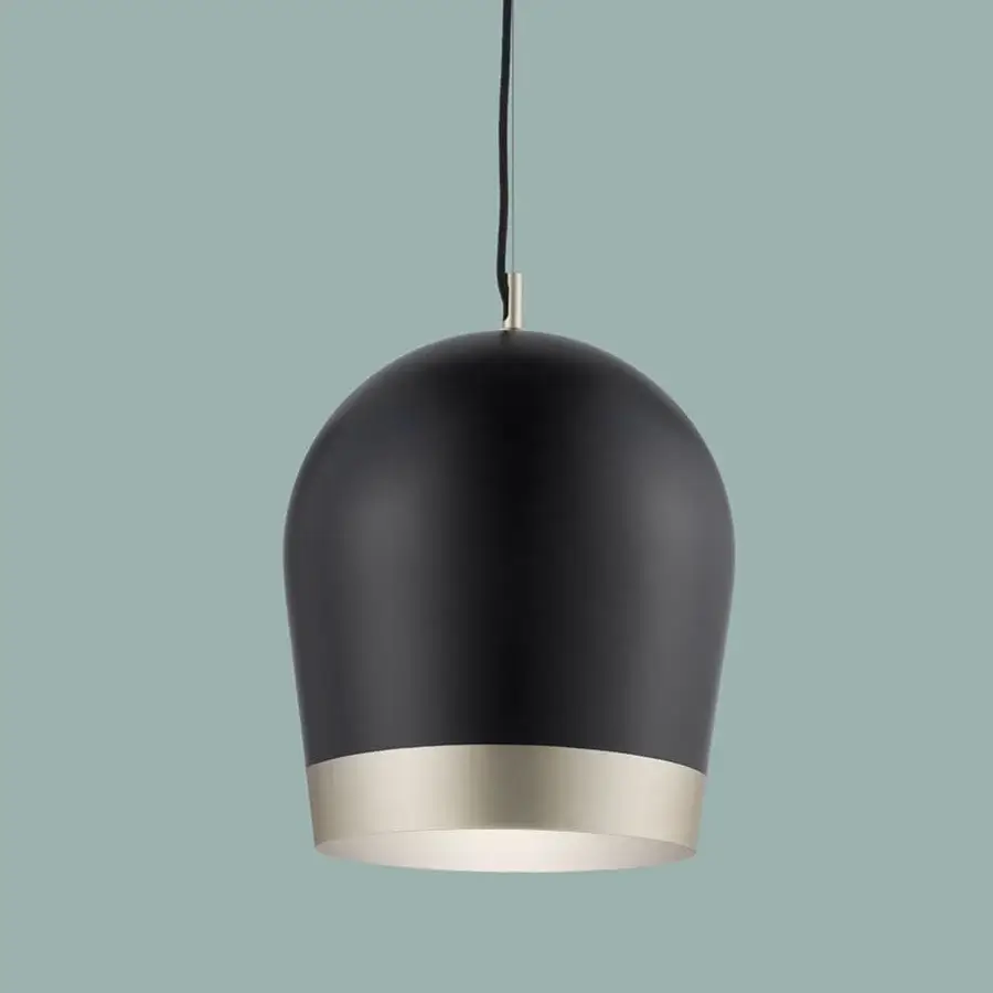 Distinguished Euroluce Duo suspension lamp crafted in metal with a matte black finish and luminous gold-toned band showcasing hand-decorated detail