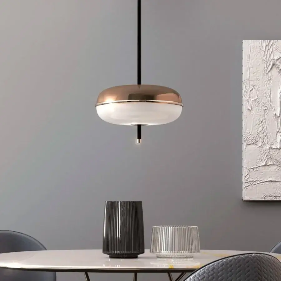 Superior Sicis Amaretto suspension lamp crafted with polished black nickel, champagne metal, and opaque white opal blown glass