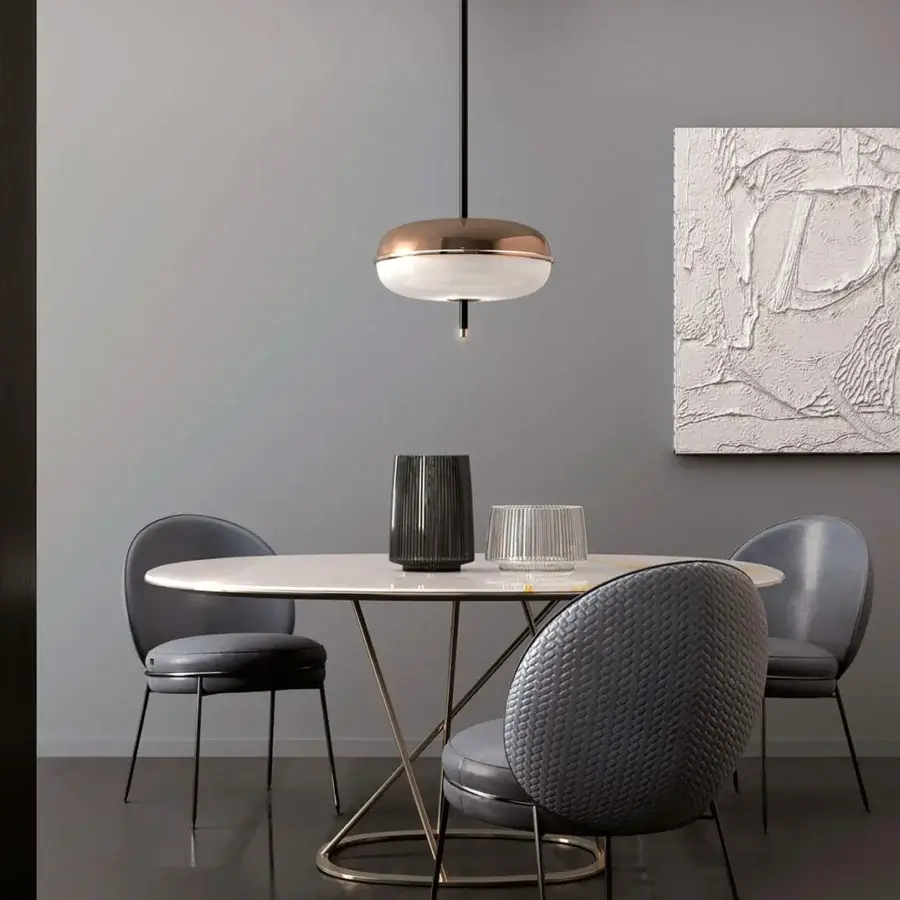 Luxury Sicis Amaretto suspension lamp crafted with polished black nickel, champagne metal, white opal blown glass and bronze mirror inserts