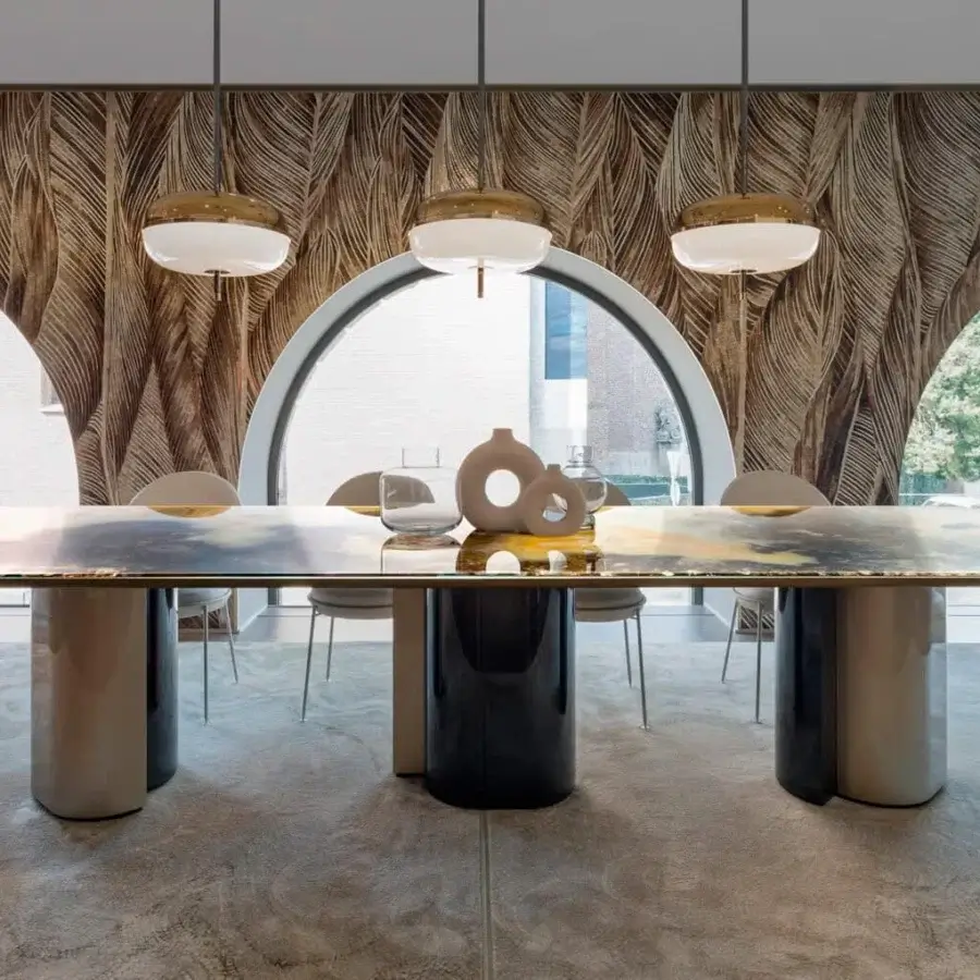 Distinguished Sicis Amaretto suspension lamp crafted with polished black nickel and champagne metal, featuring white opal blown glass with bronze mirror inserts