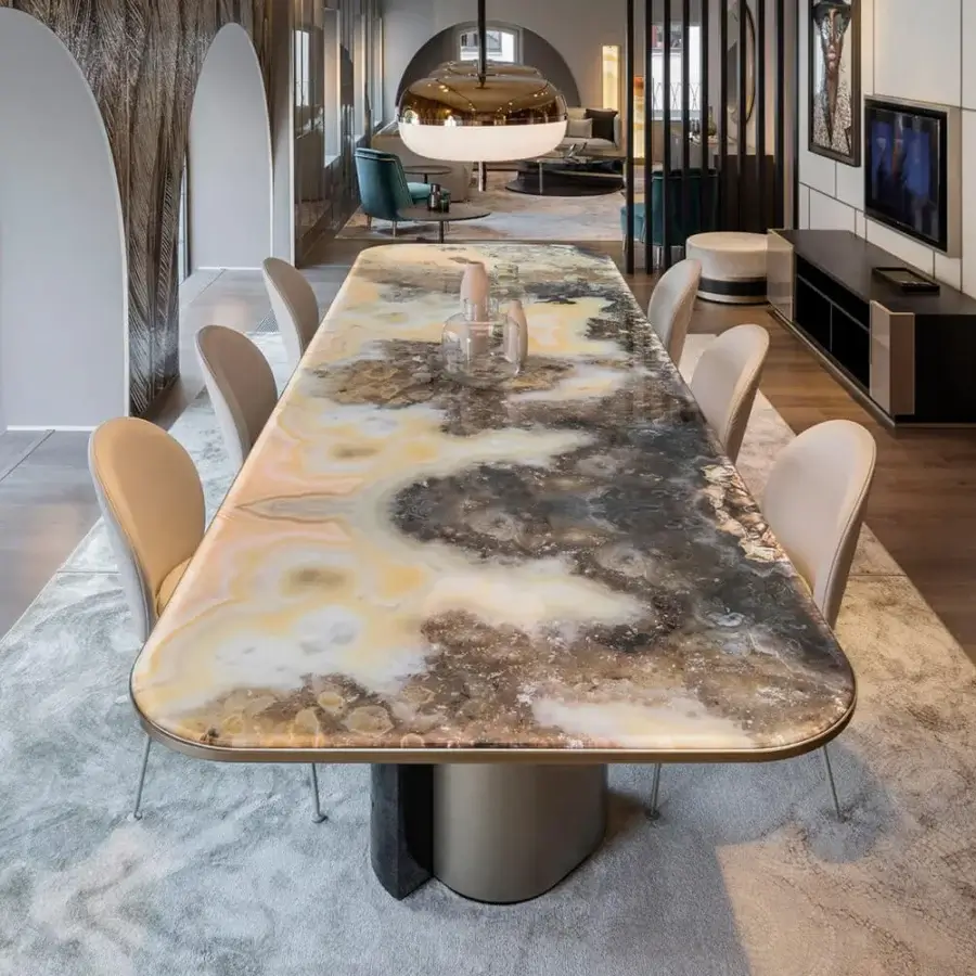 Superior Sicis Amaretto suspension lamp crafted in metal with white opal blown glass and bronze mirror inserts, finished in polished black nickel and champagne