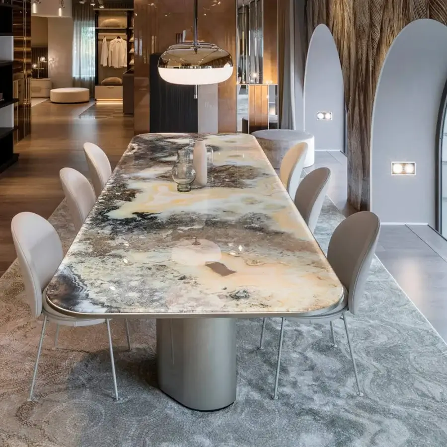 Elegant Sicis Amaretto suspension lamp crafted in metal with white opal blown glass and bronze mirror inserts with polished black nickel and champagne finish