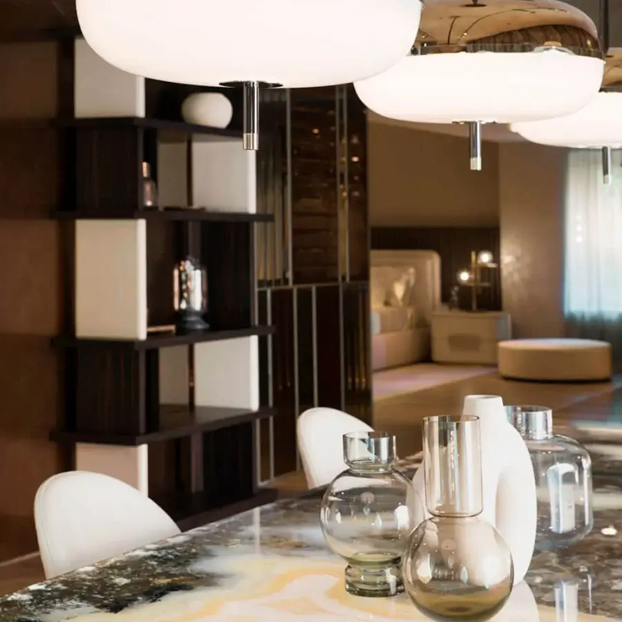 Distinguished Sicis Amaretto suspension lamp crafted in metal with translucent white opal glass and polished champagne finish