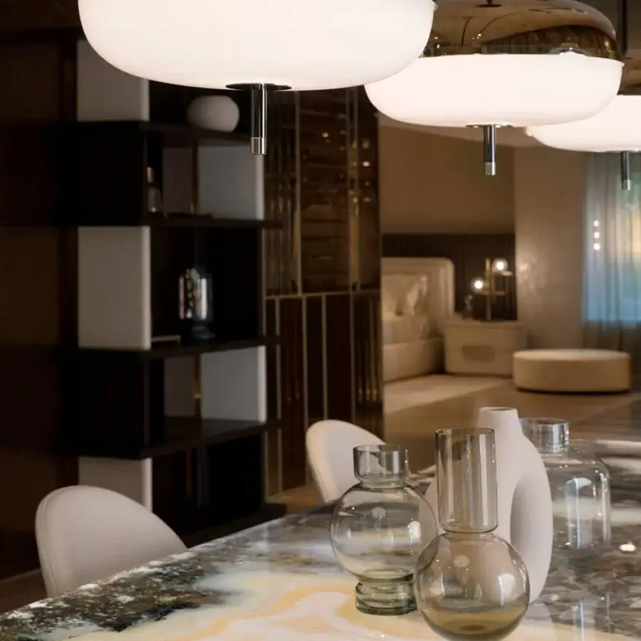 Superior Sicis Amaretto suspension lamp crafted in metal with white opal blown glass and bronze mirror inserts