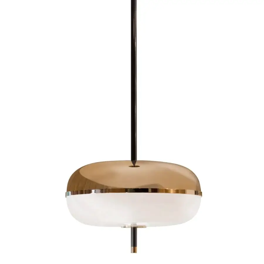 Elegant Sicis Amaretto suspension lamp crafted in metal with white opal blown glass and bronze mirror inserts with polished black nickel and champagne finish