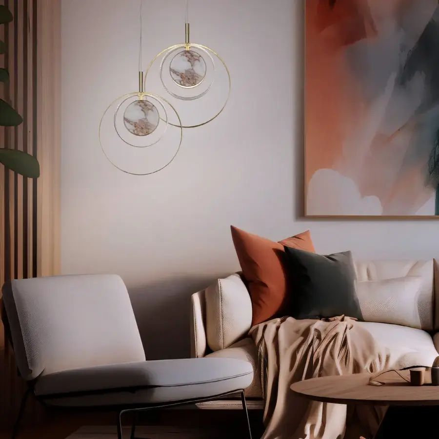 Distinguished Euroluce Eclissi suspension lamp crafted in metal with satin finish, glass rings and marble-effect discs for a luminous glow