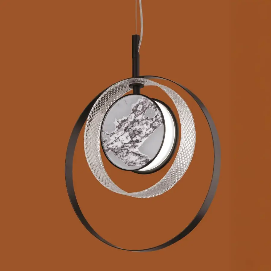 Distinguished Euroluce Eclissi suspension lamp with overlapping matte black metal rings framing a marbled white and gray glass panel