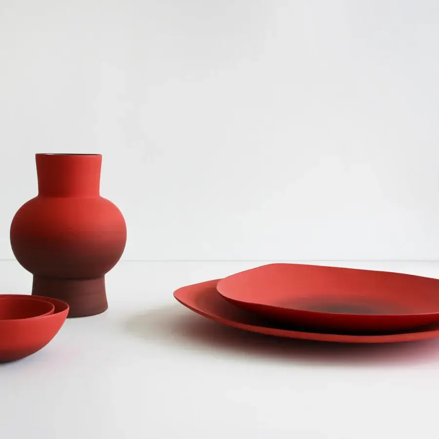 Exceptional Rina Menardi Royal vase crafted from baked clay in a muted reddish-brown tone with a smooth matte finish