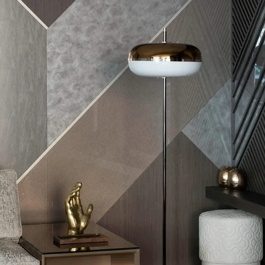 Superior Sicis Amaretto floor lamp with sleek metal, exquisite blown glass, lustrous shiny black nickel finish and warm gold lampshade