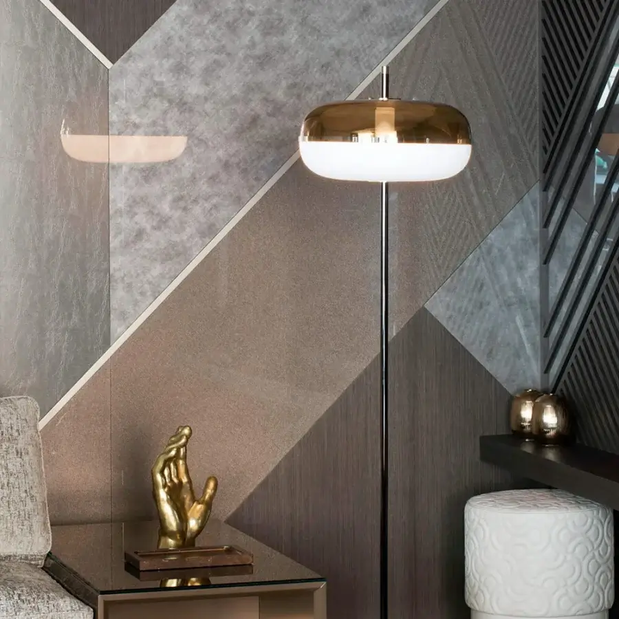 Elegant Sicis Amaretto floor lamp with sleek metal, exquisite blown glass, lustrous shiny black nickel and champagne accents