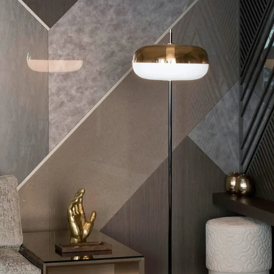 Distinguished Sicis Amaretto floor lamp with sleek metal, exquisite blown glass, lustrous shiny black nickel and champagne accents