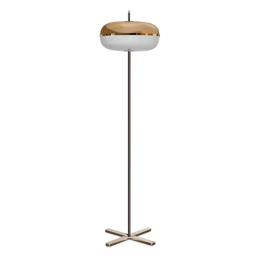 Lavish Sicis Amaretto floor lamp with a sleek metal structure, exquisite blown glass, lustrous shiny black nickel and champagne details