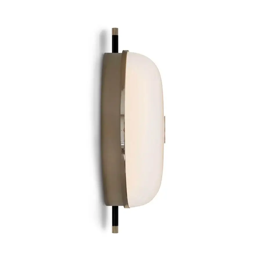 Superior Sicis Amaretto wall lamp crafted in metal with polished black nickel and champagne finishes plus milky white blown glass