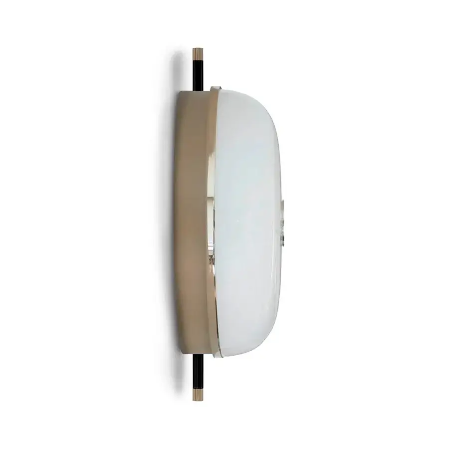 Captivating Sicis Amaretto wall lamp crafted in metal with polished black nickel and polished champagne finish plus milky white blown glass