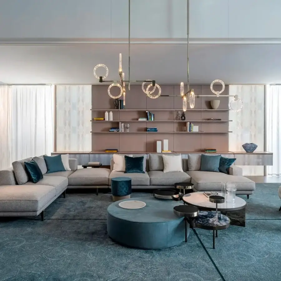 Lavish Sicis Polo suspension lamp crafted in metal with transparent methacrylate rings and reflective gold finish