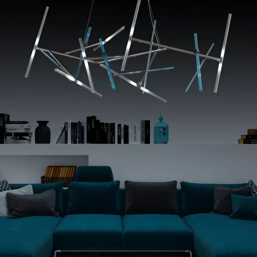 Distinguished Euroluce Effect suspension lamp crafted in glossy metal with slender rods gradient from light teal to white