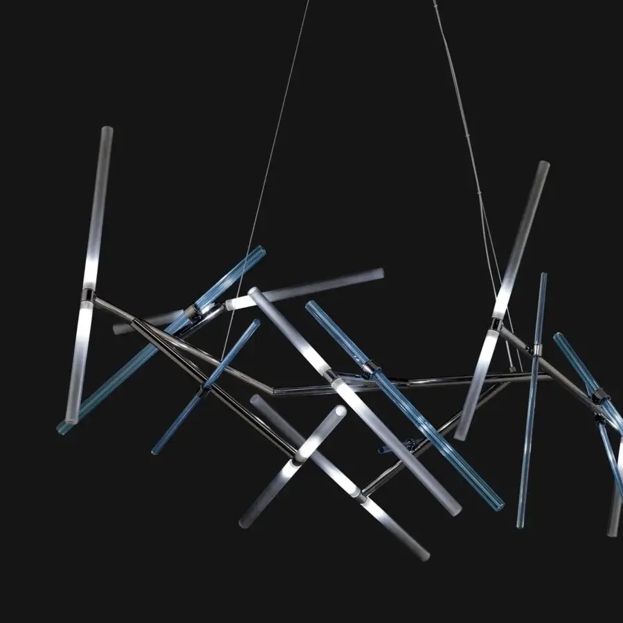 Exceptional Euroluce Effect suspension lamp embodying illuminated rods crafted in polished metal with translucent tubes