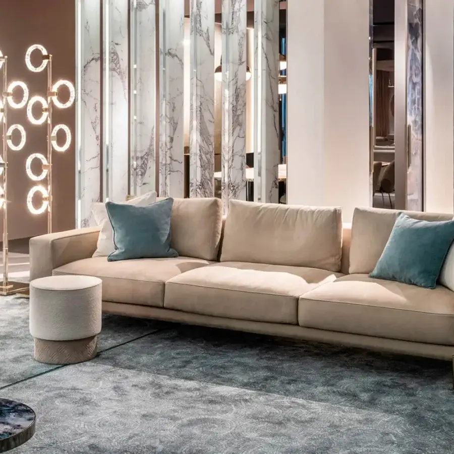 Elegant Sicis Polo floor lamp crafted in metal with transparent methacrylate diffuser rings and champagne finish