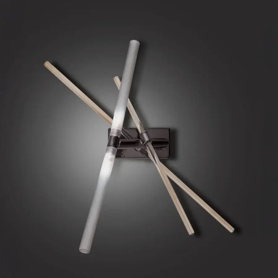 Wall lamp with bronze mounting, white cylindrical rods, and light wood accents, modern design, studio shot.