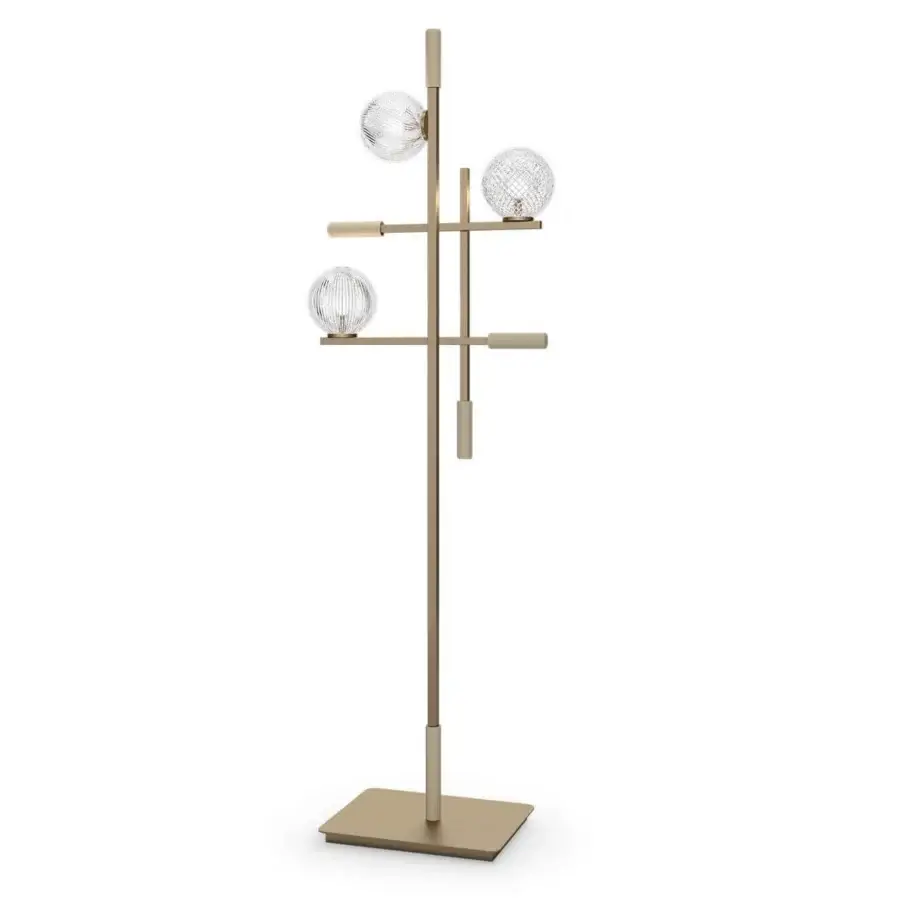 Distinguished Sicis Tris Murano floor lamp crafted in champagne metal with hand-blown Murano glass spheres and decorative leather cylinders