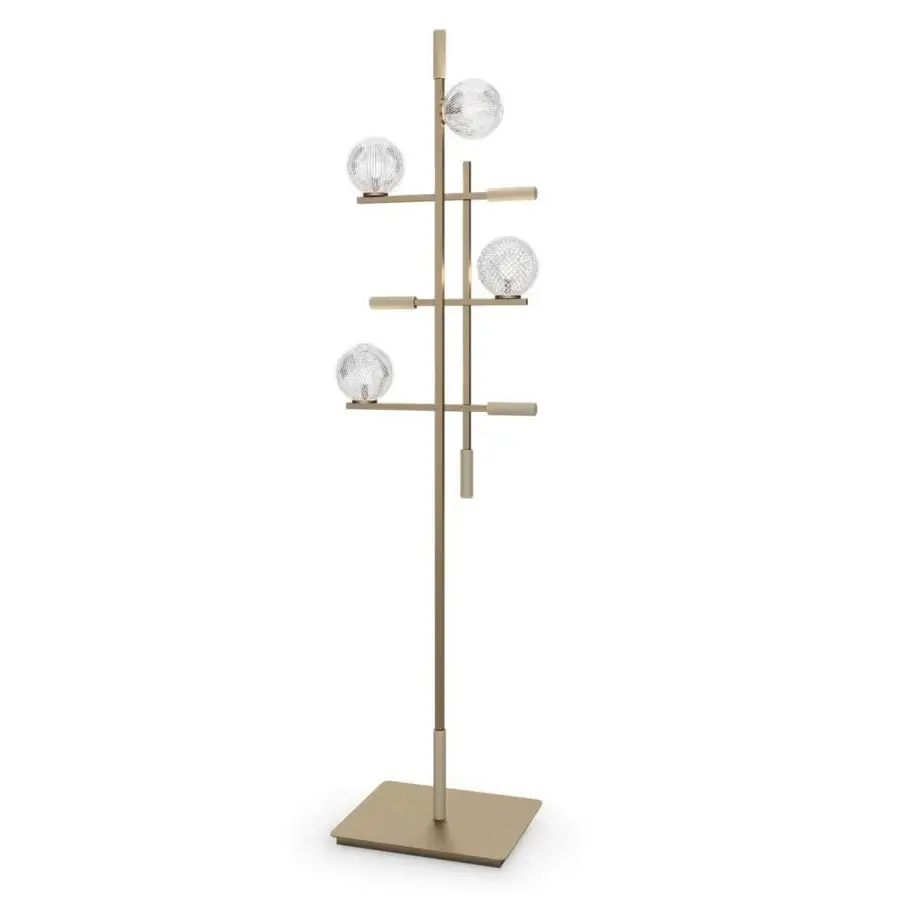 Elegant Sicis Tris Murano floor lamp with champagne metal and hand-blown glass spheres crafted in Italy