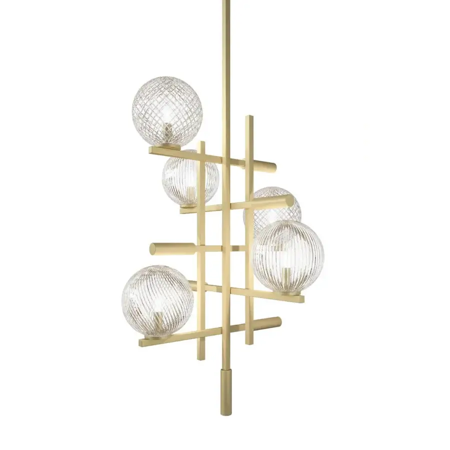 Exceptional Sicis Tris Murano suspension lamp crafted in champagne metal with Murano glass spheres and decorative leather cylinders