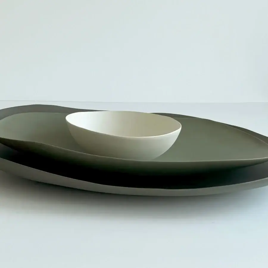 Superior Rina Menardi Petali centerpiece crafted in baked clay with a gradient of muted greens and grays and matte finish