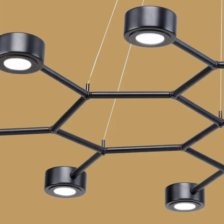 Superior Euroluce Essential Grid suspension lamp crafted in black metal with a matte finish and interconnected cylindrical light sources