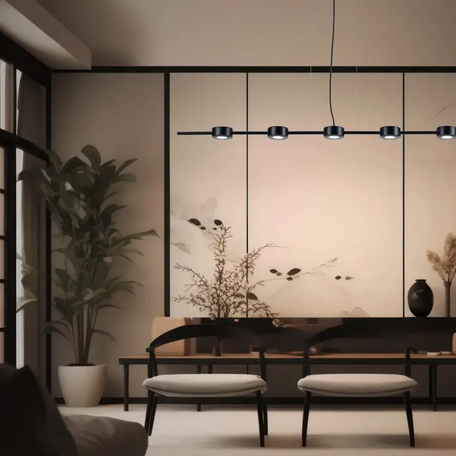 Distinguished Euroluce Essential Linear suspension lamp crafted in metal with a sophisticated matte black finish and integrated LED spots
