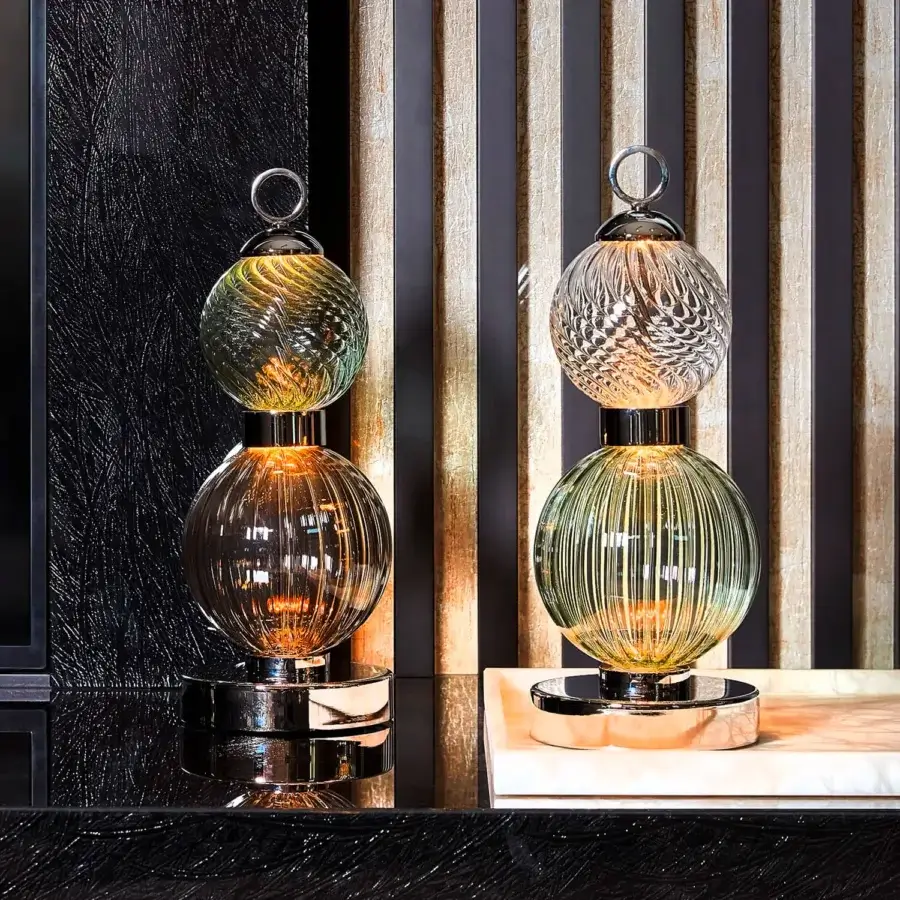 Superior Sicis Drop Battery Murano table lamp with dual olive green ribbed hand-blown glass shades and satin metal frame