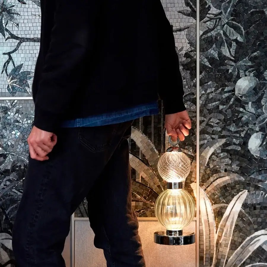Distinguished Sicis Drop Battery Murano table lamp with hand-blown glass spheres and satin-finished metal frame