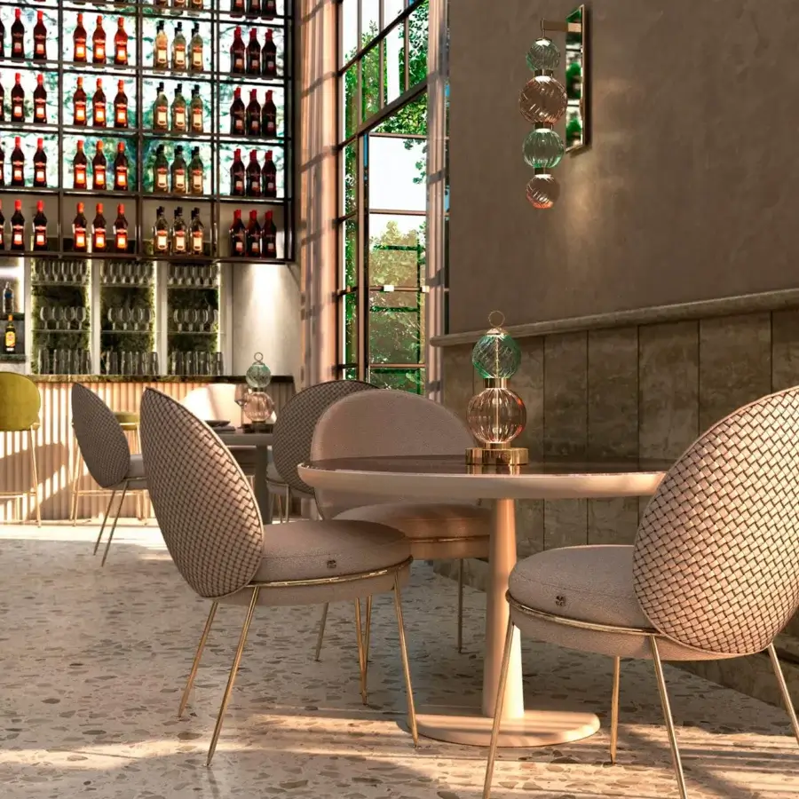Refined Sicis Drop Battery Murano table lamp with stacked globes in warm rose and amber tones with satin finish