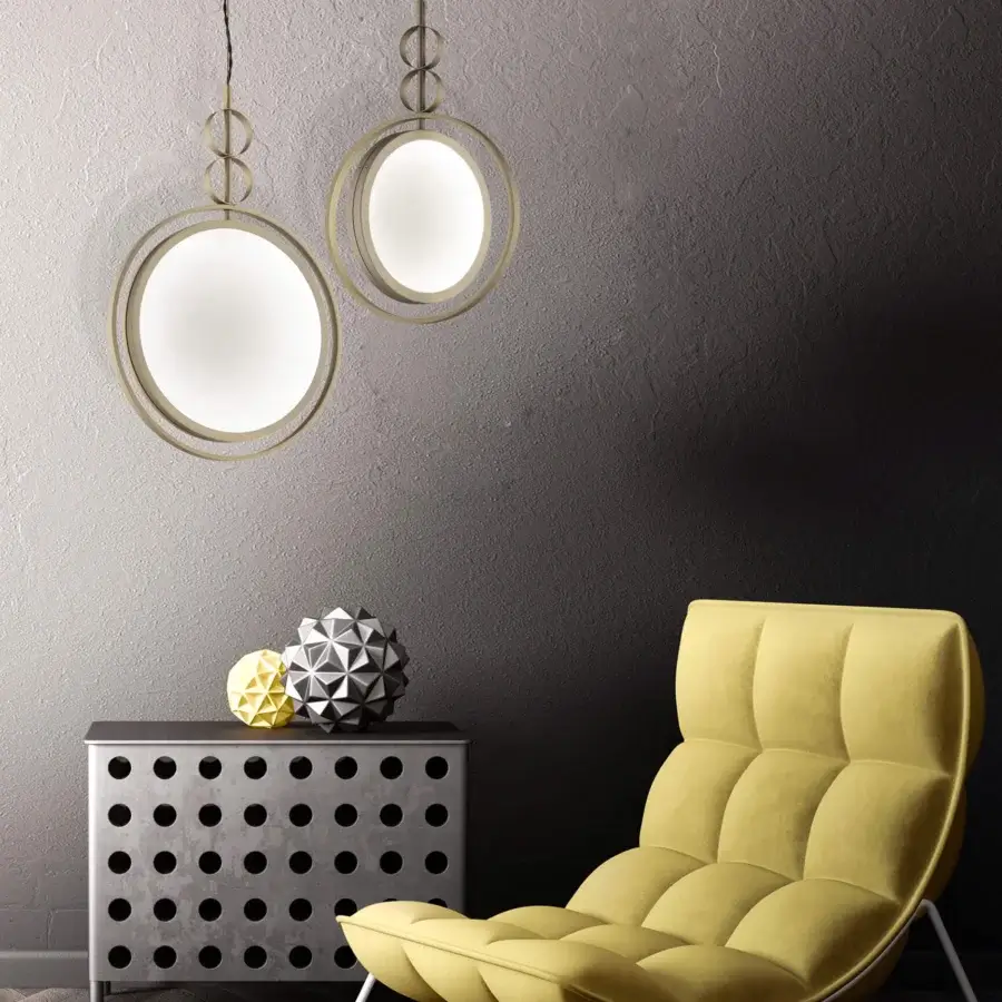 Distinguished Euroluce Girasole suspension lamp crafted in metal with a satin finish and bright white diffusing element emitting a muted gold tone