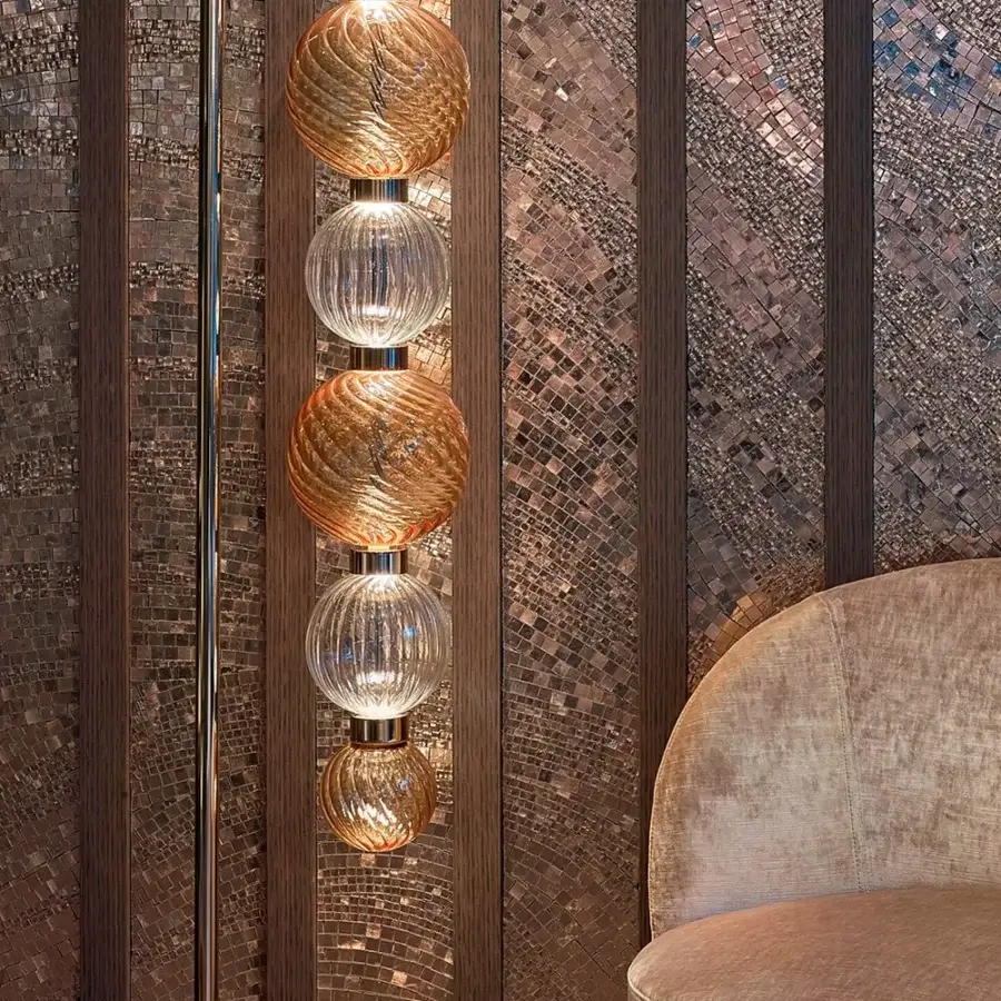 Distinguished Sicis Drop floor lamp crafted in Italy with satin metal and delicate pyrex glass spheres in amber and clear tones