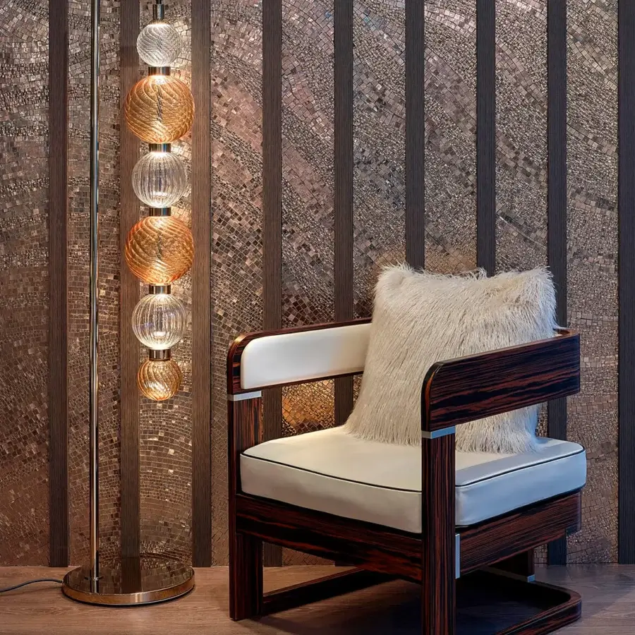 Captivating Sicis Drop floor lamp crafted in Italy with satin metal and pyrex glass spheres displaying amber, yellow, green tones