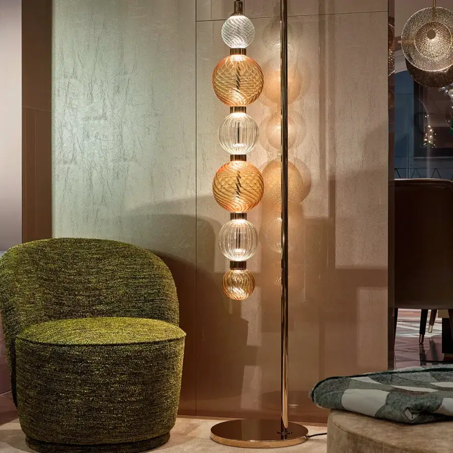 Exceptional Sicis Drop floor lamp crafted in Italy with satin metal and textured pyrex glass spheres