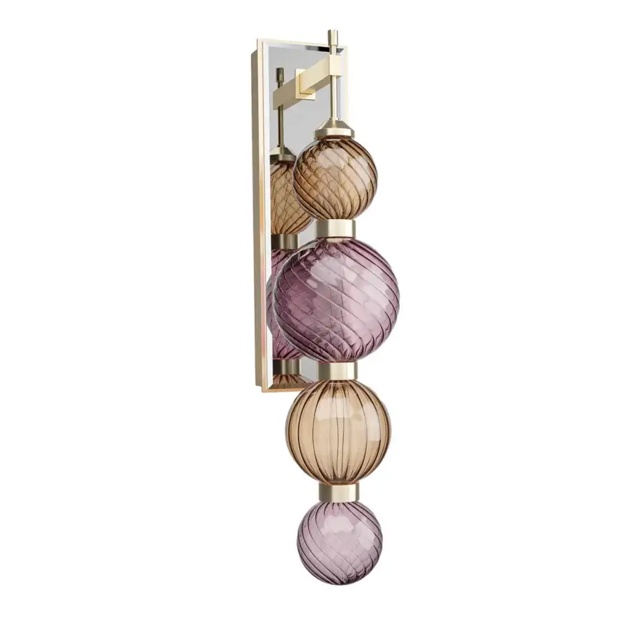 Sicis wall lamp, lavender and amber glass globes, brushed gold metal rods and rectangular backplate, vertical arrangement, studio shot.