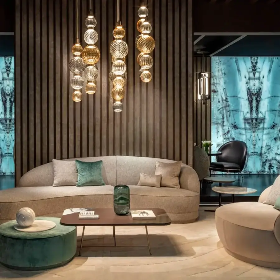 Exquisite Sicis Drop suspension lamp with cascading hand-blown Pyrex glass spheres and warm gold metal frames