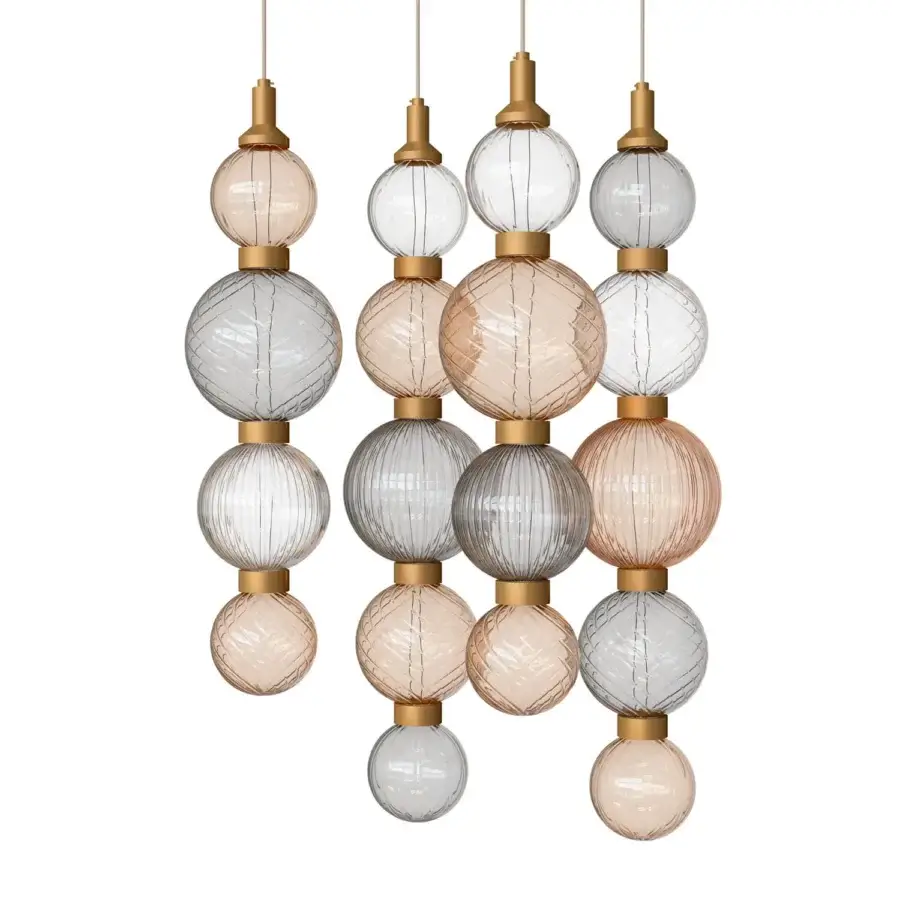 Exceptional Sicis Drop suspension lamp with clustered hand-blown Pyrex glass in clear, pale gray, and peach tones with satin metal frames