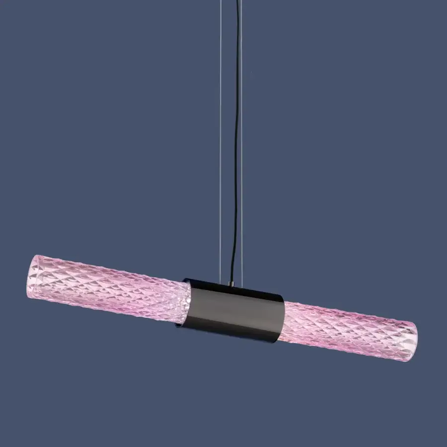 Superior Euroluce Gleam suspension lamp, a fixture with textured glass and matte black metal housing casting a pale pink glow