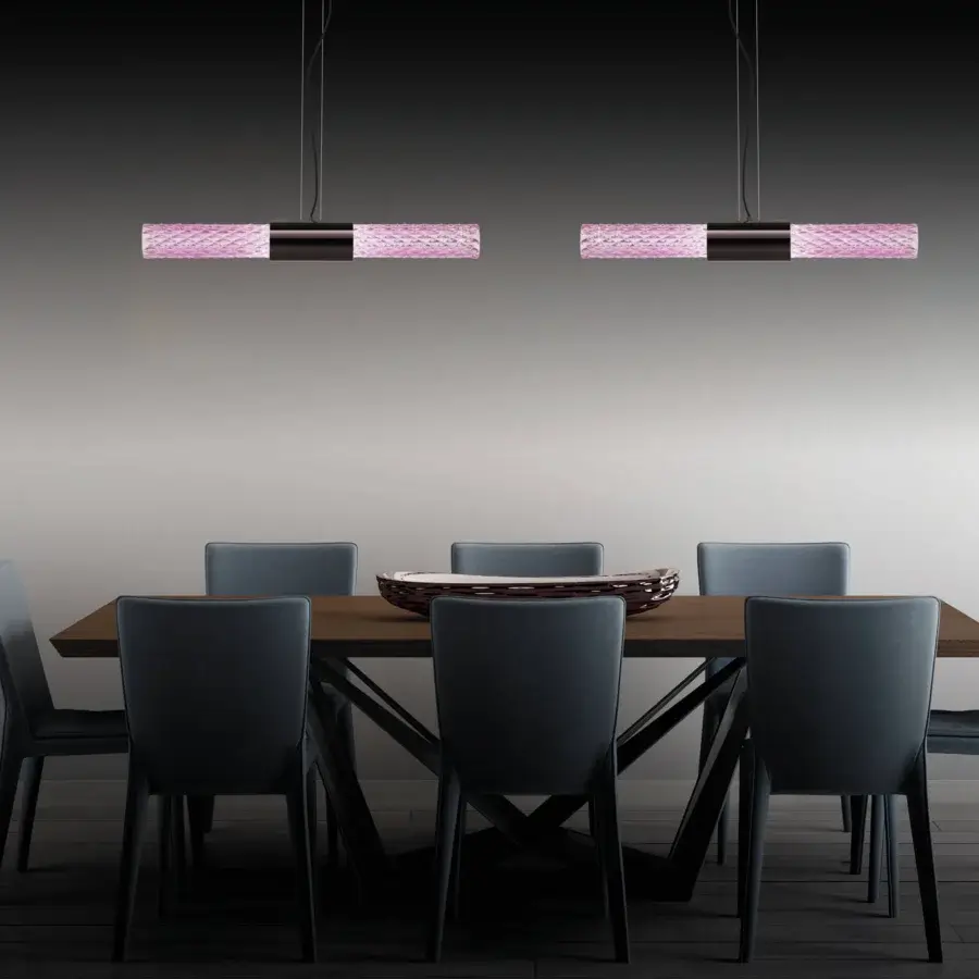 Distinguished Euroluce Gleam suspension lamp, a fixture crafted with matte black metal and softly illuminated pink translucent panels
